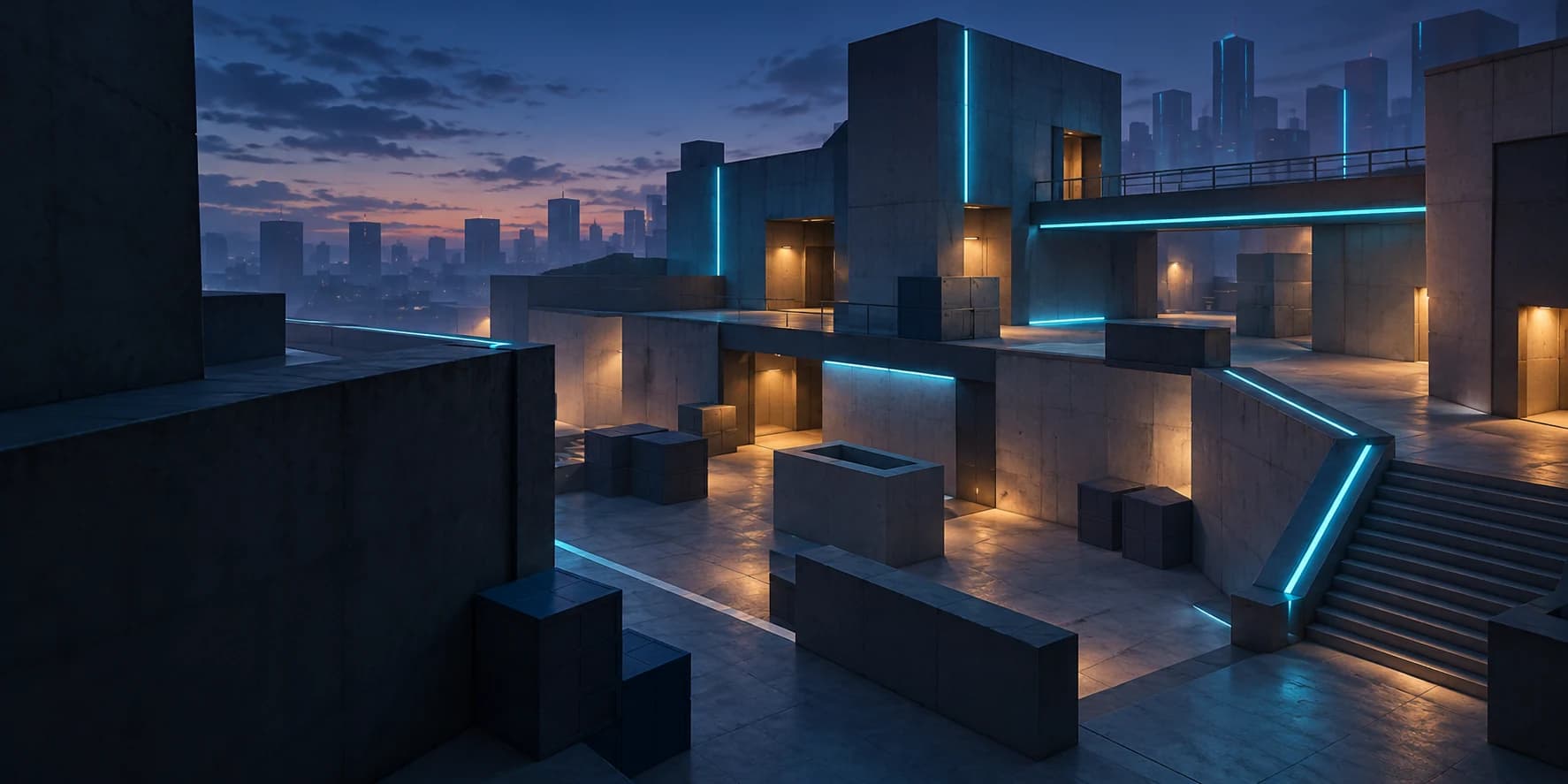 Original illustration of a geometric training arena with cyan and amber lights; an imagined scene, not a bloxstrike map.